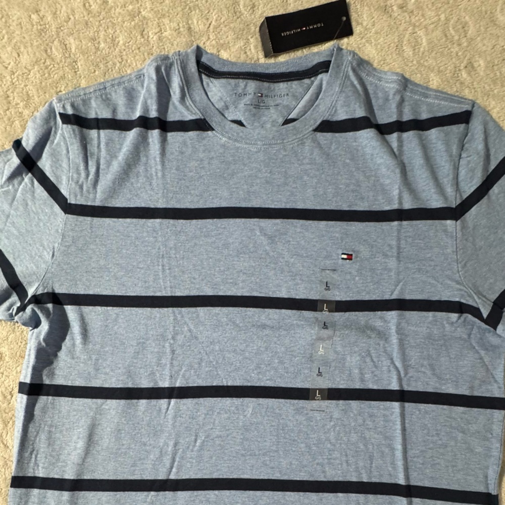 Tommy Hilfiger Men's Blue and Black Striped Tee